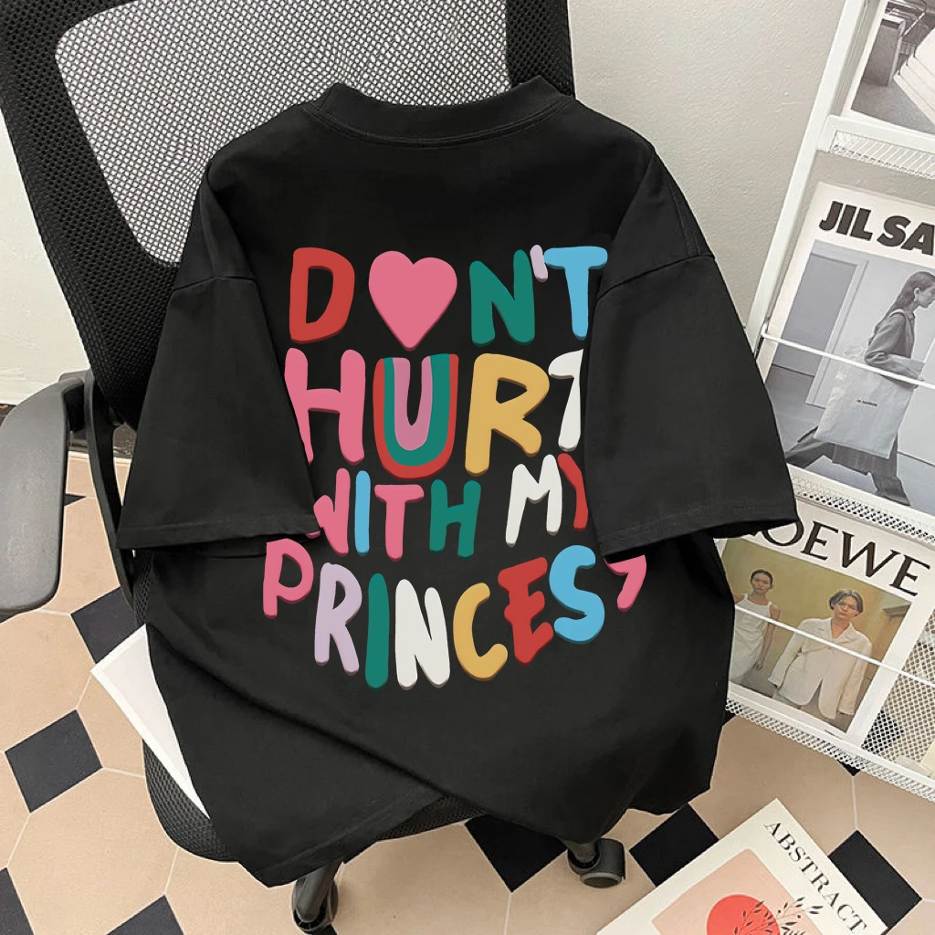 100%重磅潮牌美式彩色字母新品宽松T恤圆领慵懒风可爱风情侣上衣i