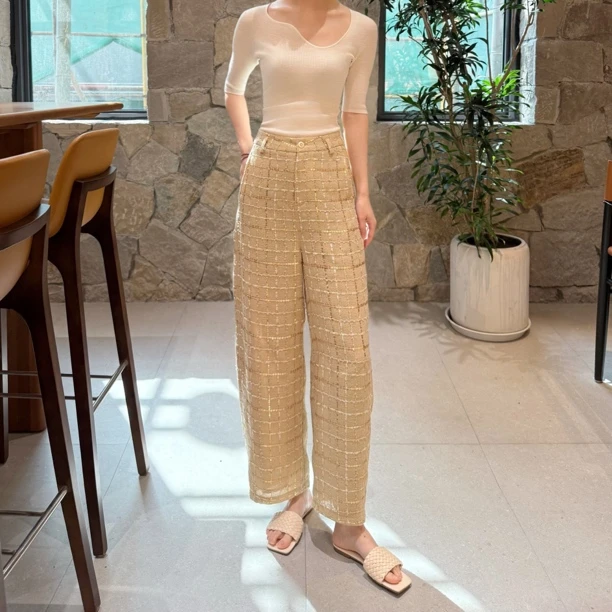 598普希金小香风9分裤格调弯刀裤格纹金葱微透花气质夏季格子