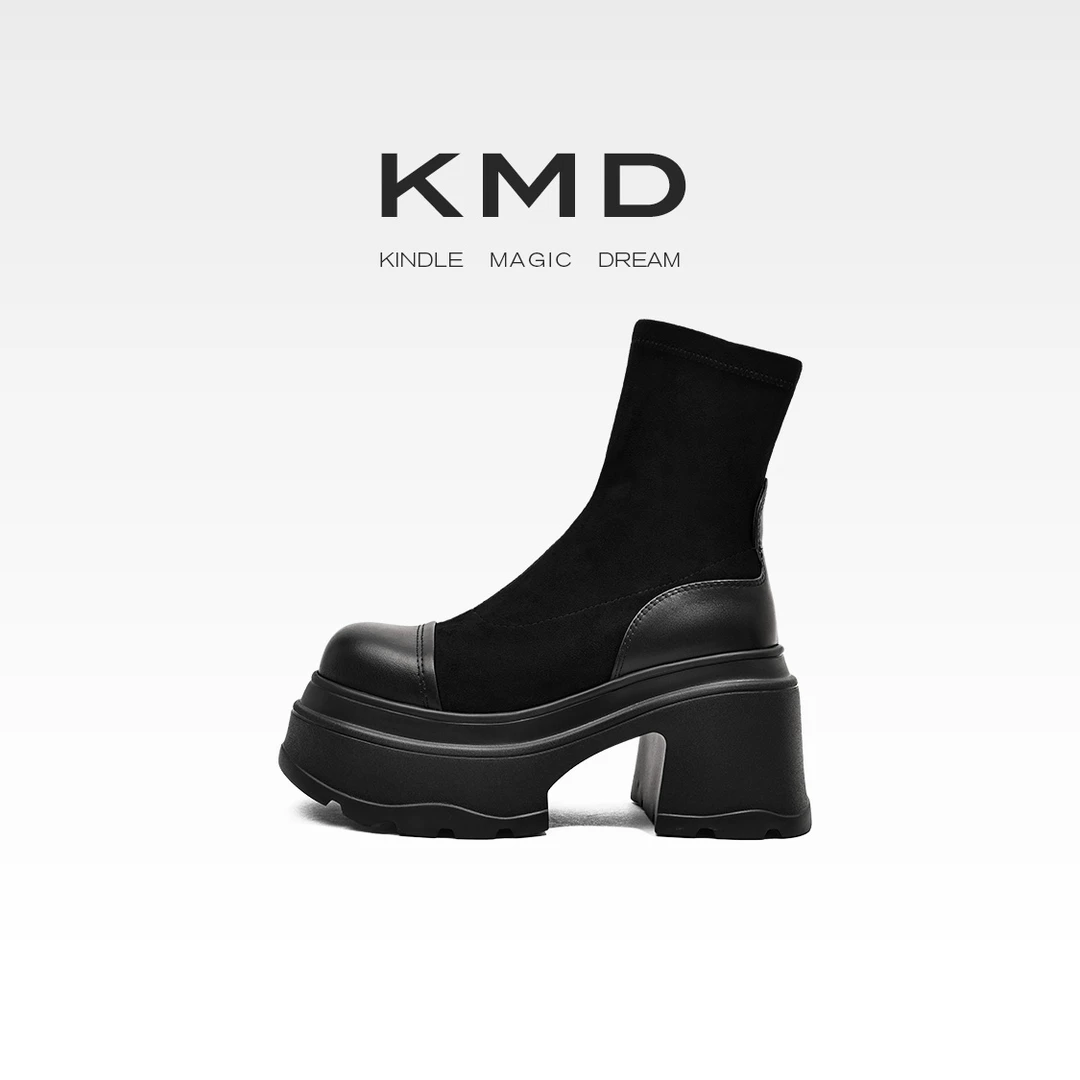 KMD 2025秋冬新款百搭厚底瘦瘦靴黑色粗跟显瘦弹力靴女增高女靴子