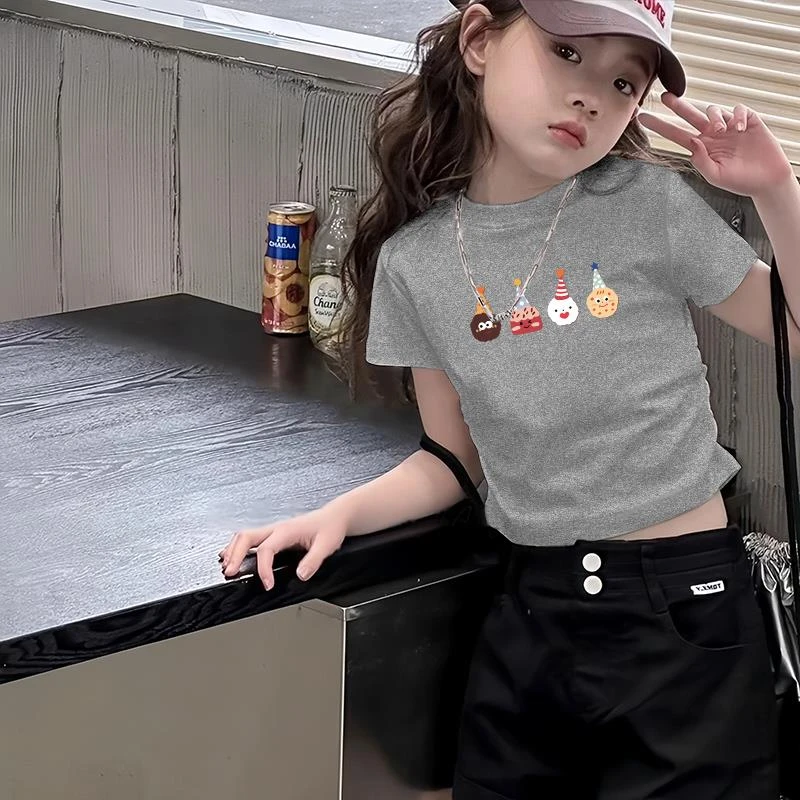 女童卡通短款T恤衫夏季新款洋气修身抽褶短袖中小儿童潮酷上衣服