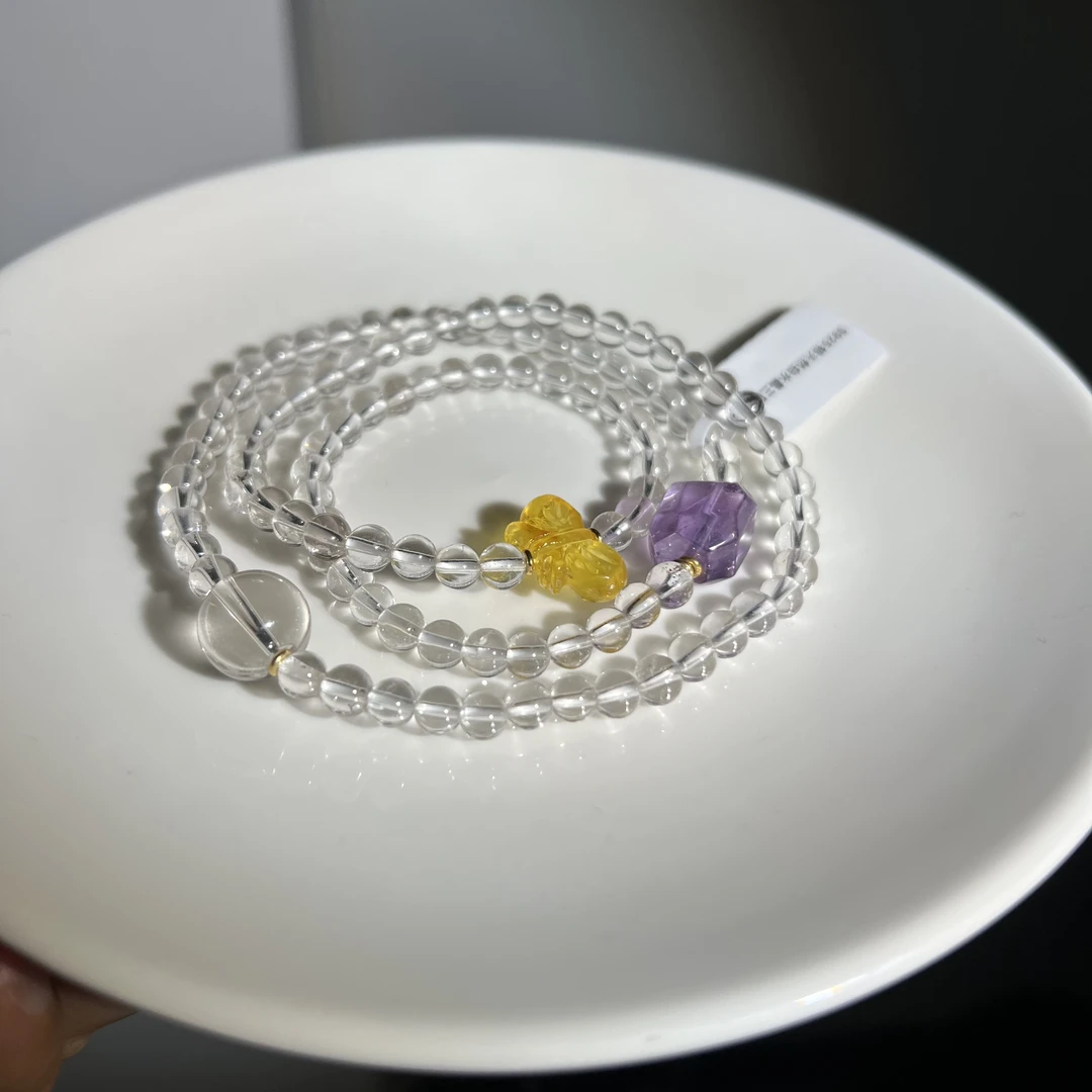 S925银5mm天然紫白水晶琥珀三圈手串DIY多样性发一