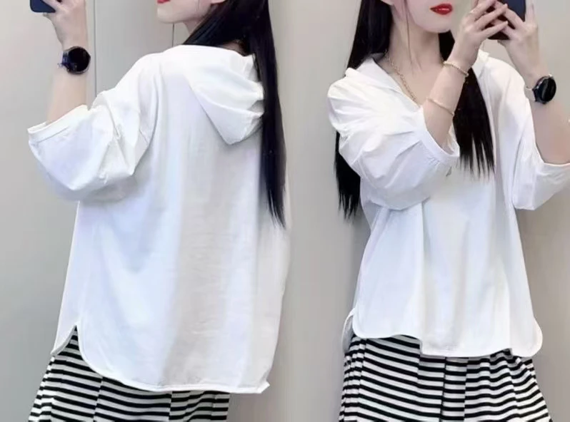 休闲宽松型纯色连帽韩版刺绣T恤半袖五分袖百搭抽绳网红时尚洋气