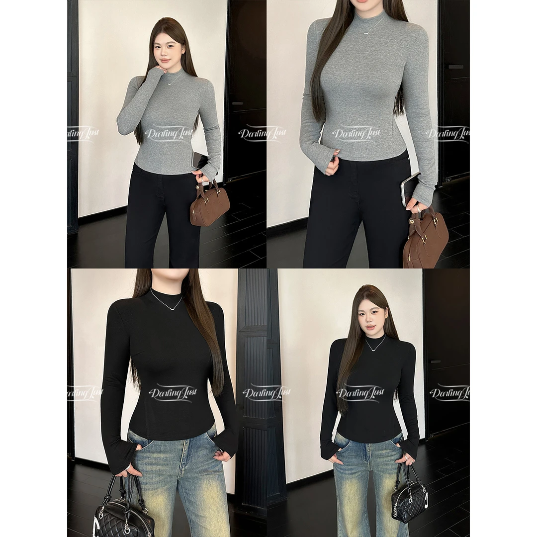 DarlingJust小野墩墩[小立领]基础款正肩长袖T恤收腰内搭上衣