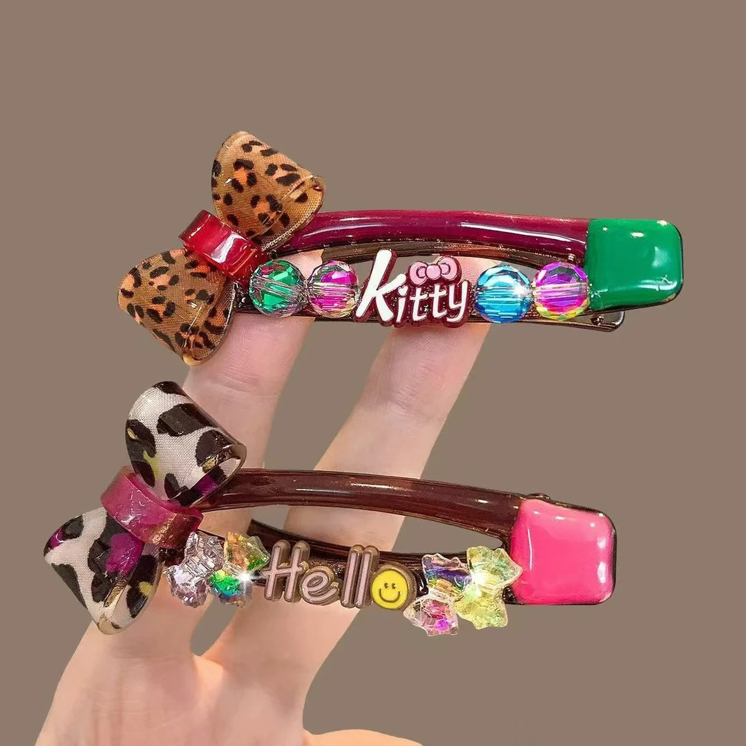 豹纹蝴蝶结发夹，Kitty+Hello超萌彩色气质
