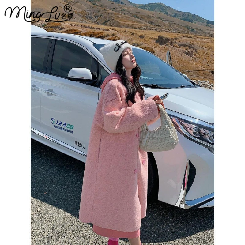 时尚粉色毛呢大衣女秋冬2025新款高级感中长款百搭摇粒绒加厚棉服