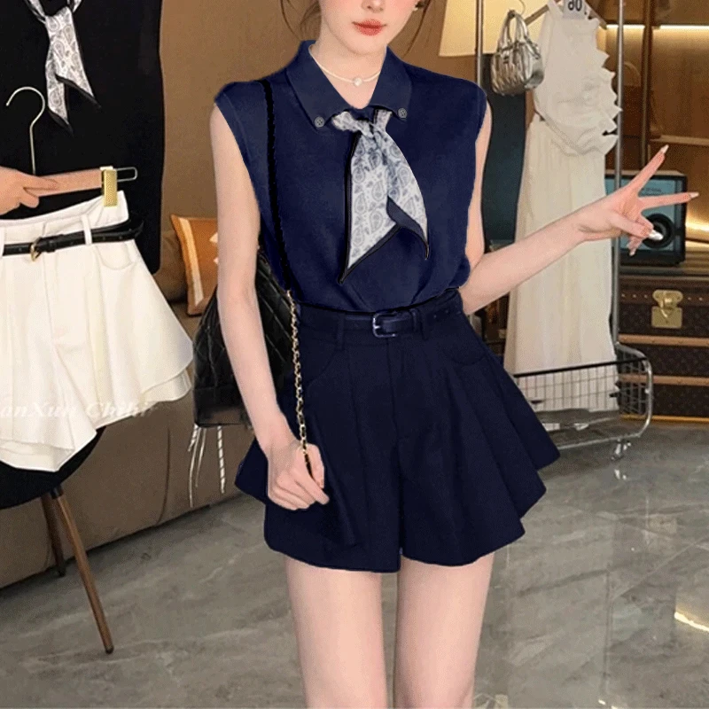韩系高级感气质时尚套装女夏季新款小个子无袖上衣收腰裙裤两件套