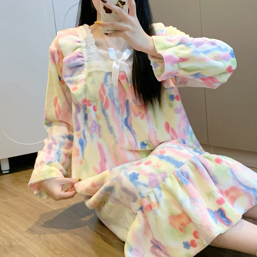 睡衣女秋冬季睡裙珊瑚绒加绒加厚法兰绒女士可爱家居服冬天连衣裙