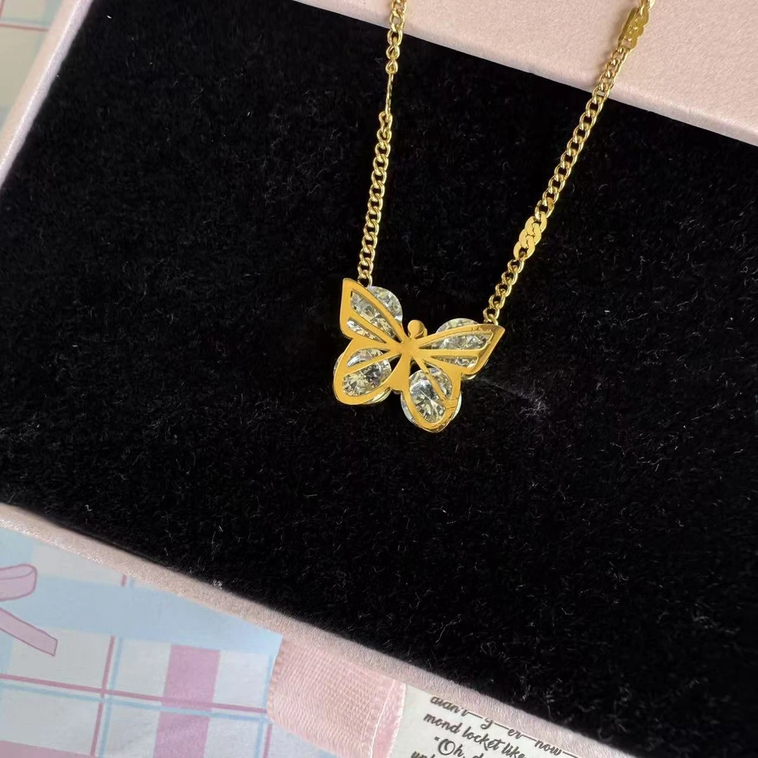 钛钢项链 镂空金色蝴蝶项链不掉色056