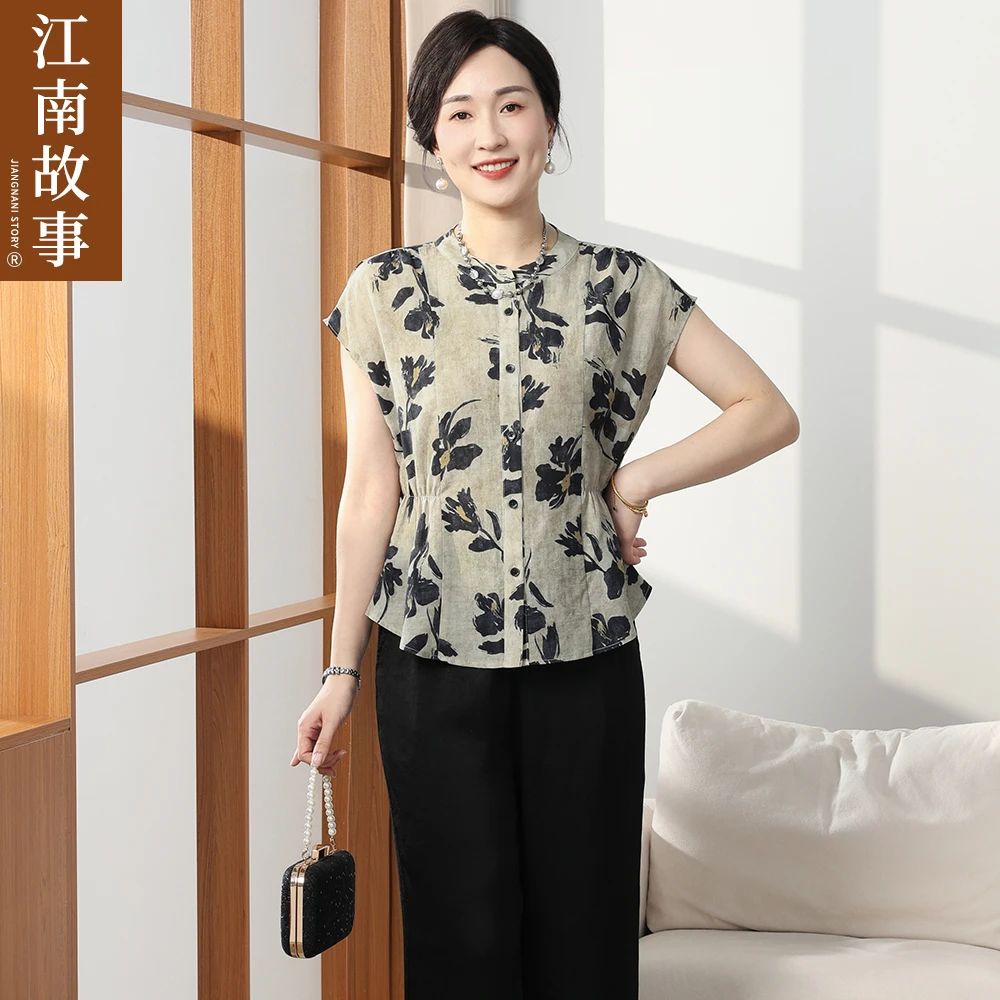 江南故事妈妈装复古水墨风碎花雪纺上衣夏季时尚中老年两件套套装