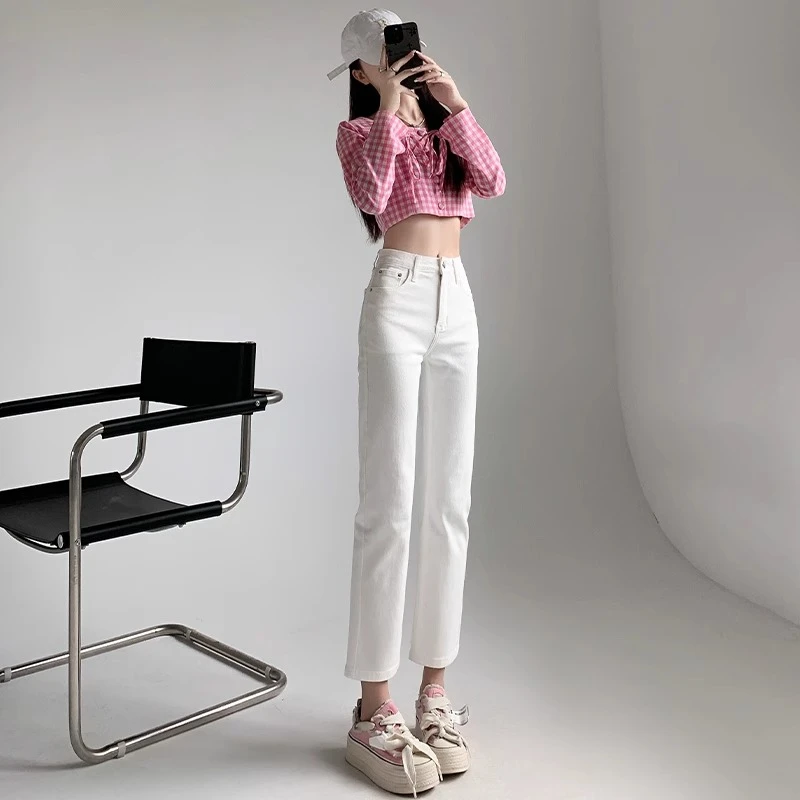 白色高腰直筒牛仔裤女2025年秋季新款时尚百搭显瘦九分裤女夏新款