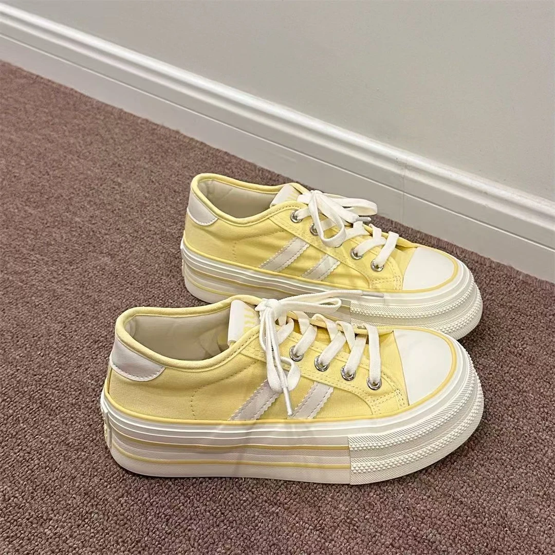 TP377 黄色帆布鞋女松糕2025春季新款小众韩版板鞋学生厚底女鞋