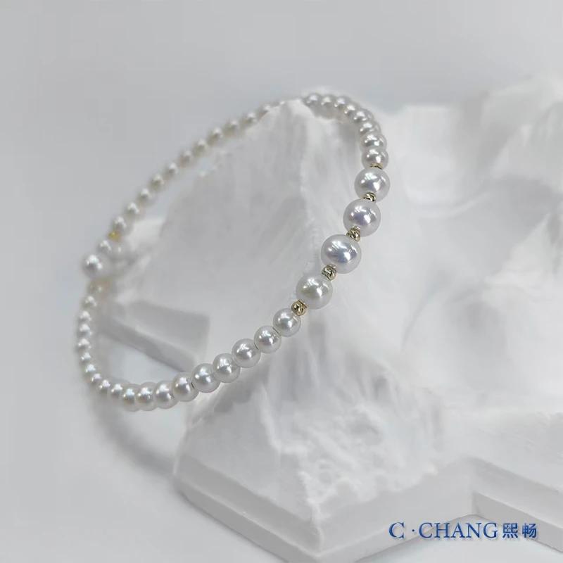 淡水珍珠18K金3-4/5-6mm弹力圈设计时尚百搭气质手镯【畅太定制】