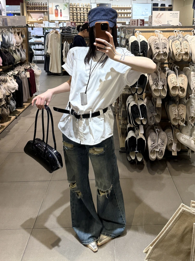 KAFU 小众特色纯棉极简高级＋腰带松弛短袖