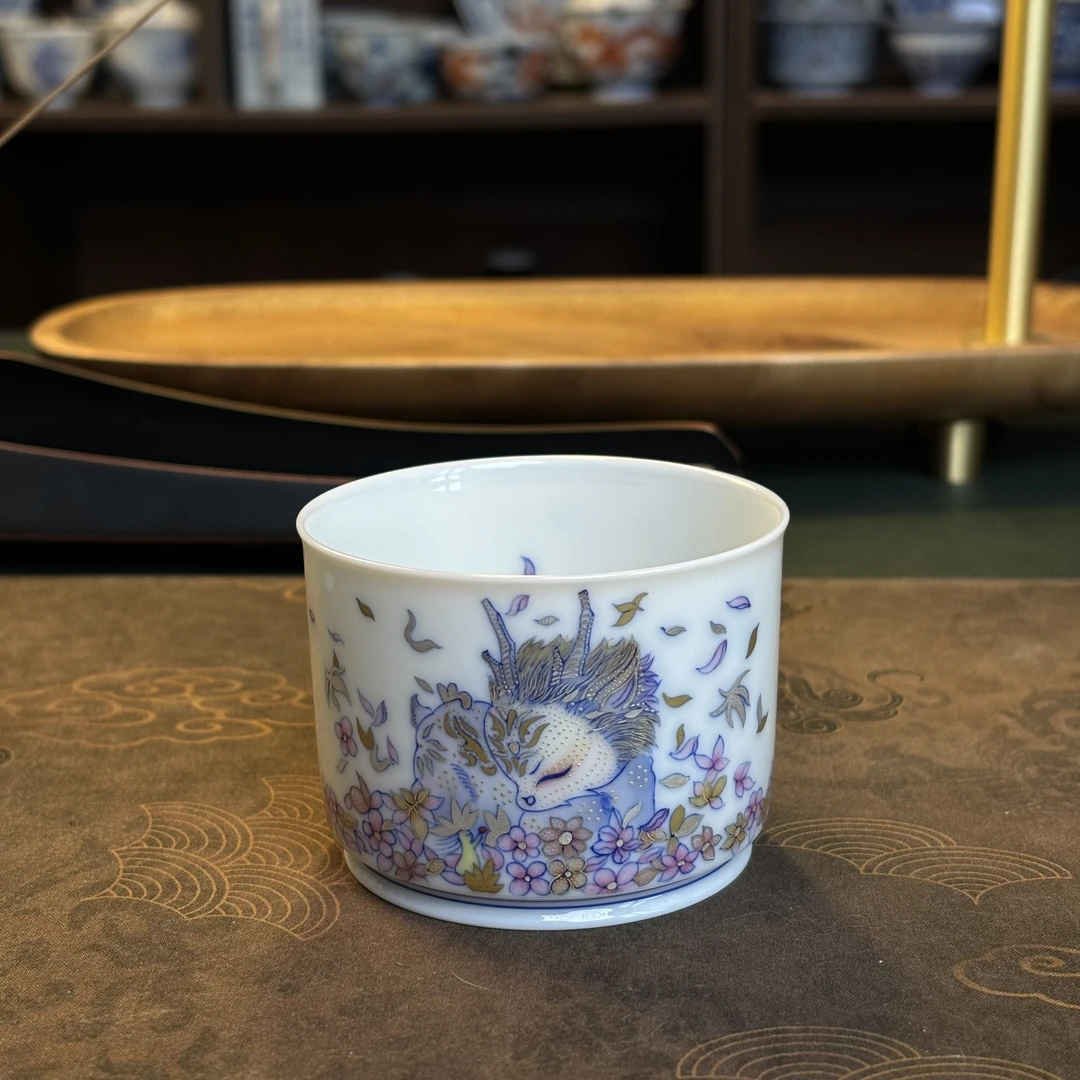 景德镇亦晨春色纯手工手绘斗彩错金银山海经夫诸小神兽直口杯茶杯