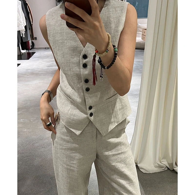 吕小布定制私服~轻奢高级感亚麻无袖西装马甲阔腿裤套装女0125