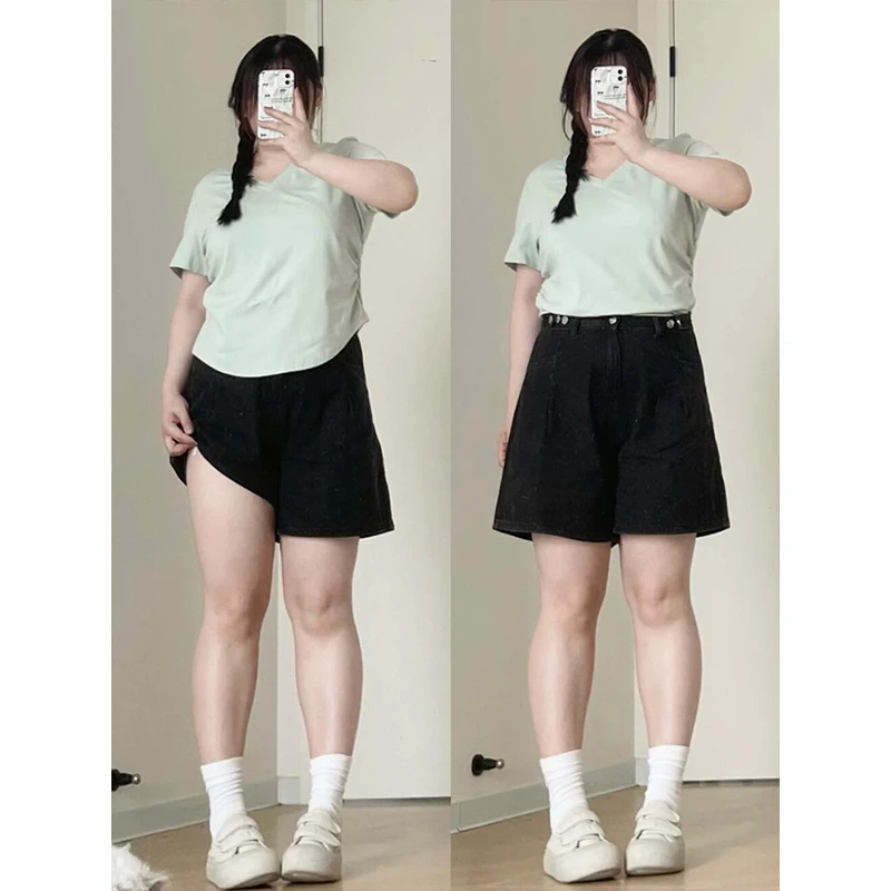 特大码女装设计感可调节腰扣黑色牛仔短裤女梨型遮胯学生五分裤子