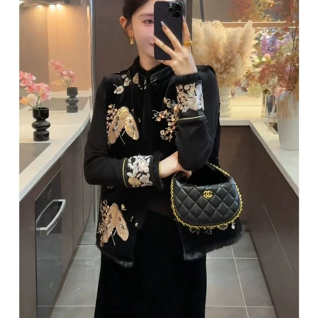 194墨染流年秋冬新中式国风立领盘扣丝绒马甲修身气质女装套装