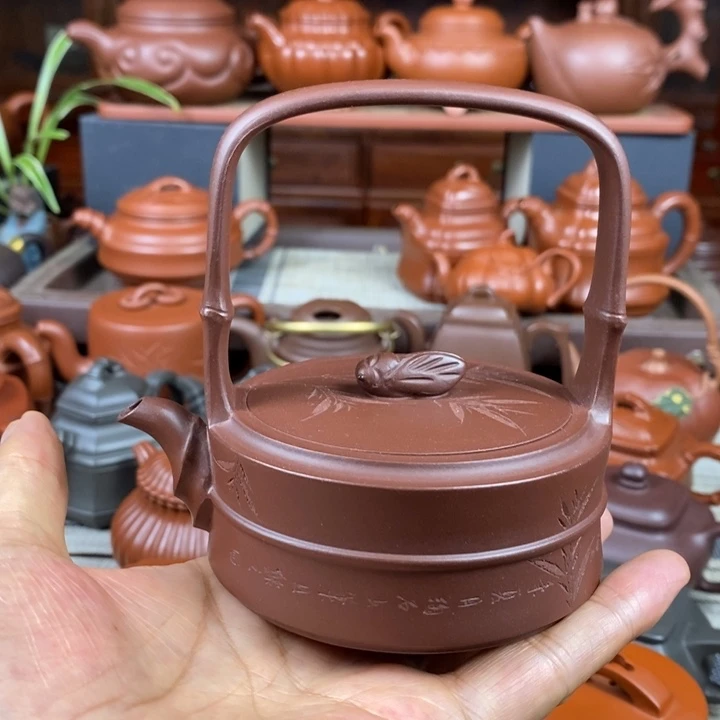 紫砂茶壶竹节提梁180cc原矿老紫泥特价