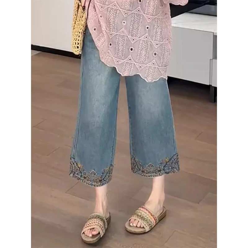 夏季欧货刺绣高腰八分牛仔裤女2025复古宽松舒适百搭直筒阔腿裤潮