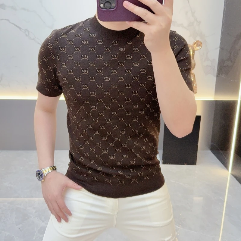 2025欧货轻奢男士针织衫短袖毛衣印花时尚百搭秋季半袖上衣潮7166