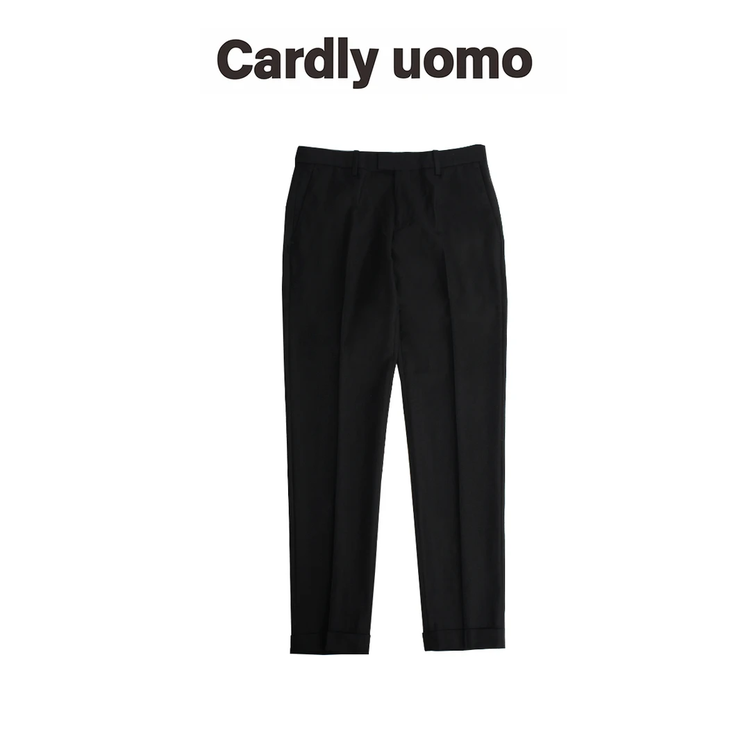 CARDLY秋冬经典铆钉羊毛羊绒修身男士西裤青年商务时尚小直筒长裤