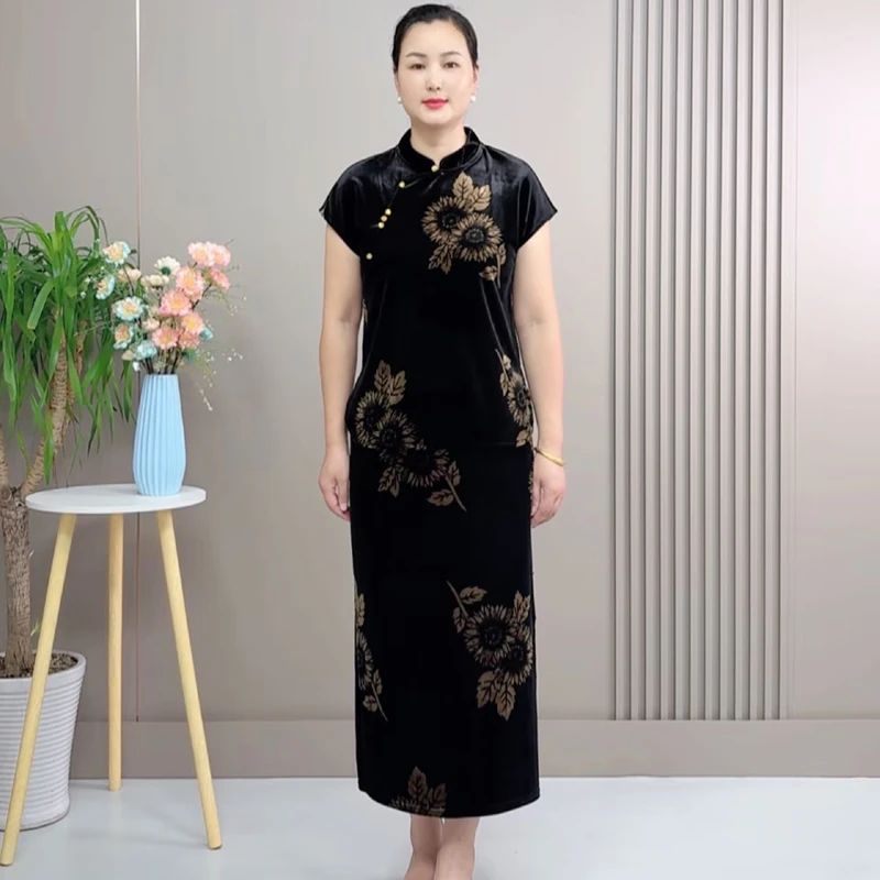 早秋夏季大码短袖洋气新中式套装连衣裙复古妈妈裙气质显瘦旗袍裙