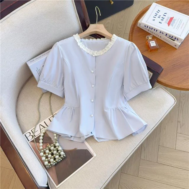 法式甜美风蕾丝花边短袖圆领衬衫女夏装2025夏季新款小众衬衣上衣