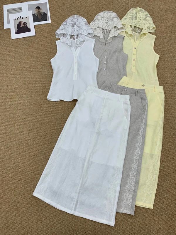 亚麻套装半裙网纱拼接设计A28136