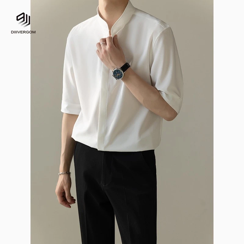 DIIIVERGOM商务新中式短袖衬衫男休闲夏季百搭立领男士修身免烫冰