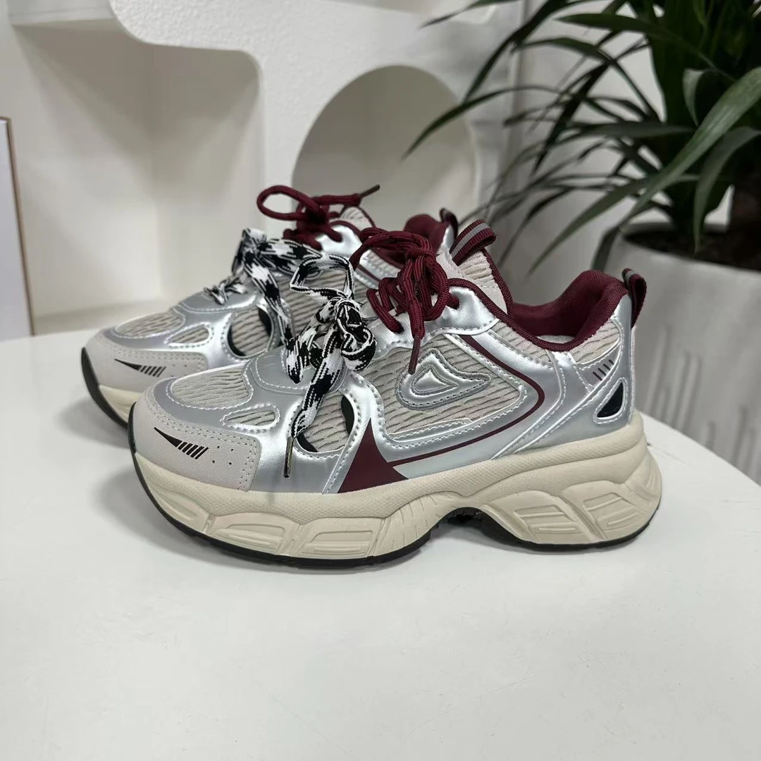 KC867银红老爹鞋女2025新款春夏双鞋带厚底跑步鞋百搭休闲运动鞋
