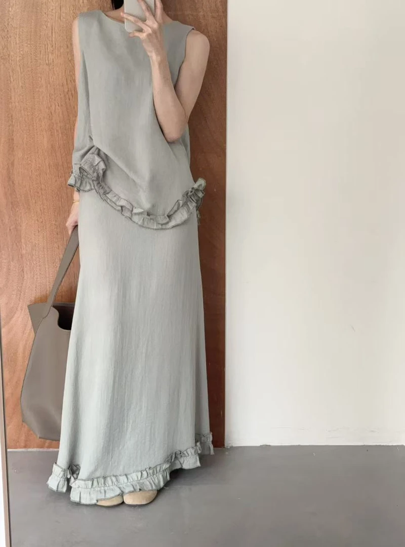 Mary 清货no退换 想好再拍透气麻麻木耳边唯美显瘦气质套装