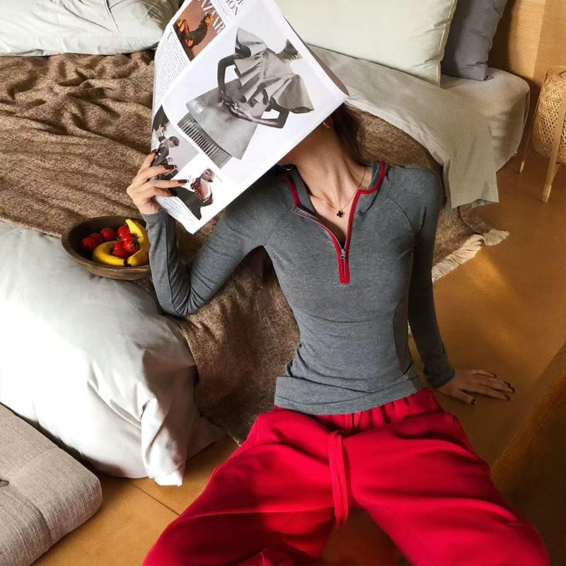 美式辣妹风女装设计拼色连帽长袖T恤秋季修身显瘦独特打底上衣