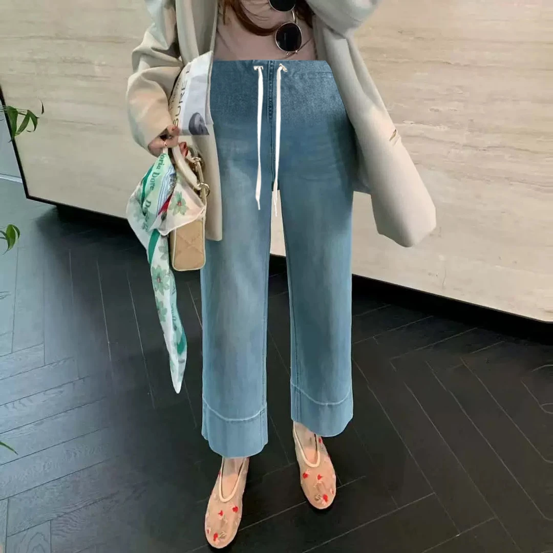 孕妇牛仔裤春秋外穿时尚宽松阔腿裤直筒裤春季弹力薄款显瘦孕妇裤