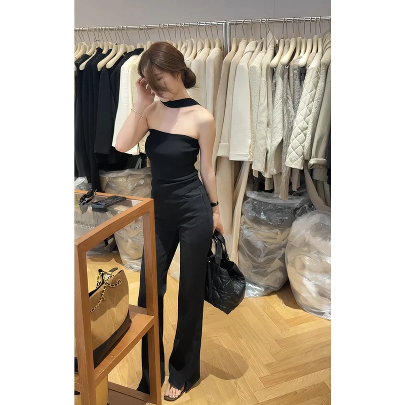 【露思许妍同款】2025秋季新款ins性感挂脖抹胸上衣配开叉裤子套装