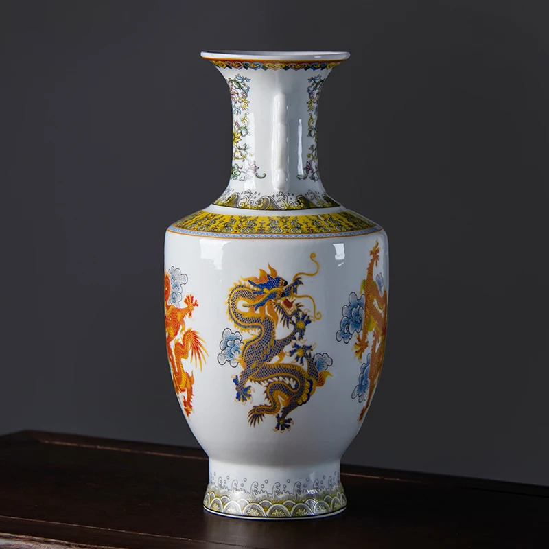 臻品珐琅彩五龙双耳尊瓷瓶书房中式客厅老中国风景德镇陶瓷器摆件