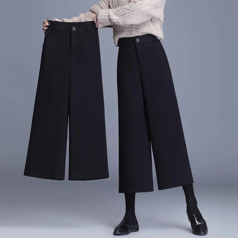 阔腿裤秋冬加厚款拼接休闲显瘦百搭秋冬黑色休闲裤高腰