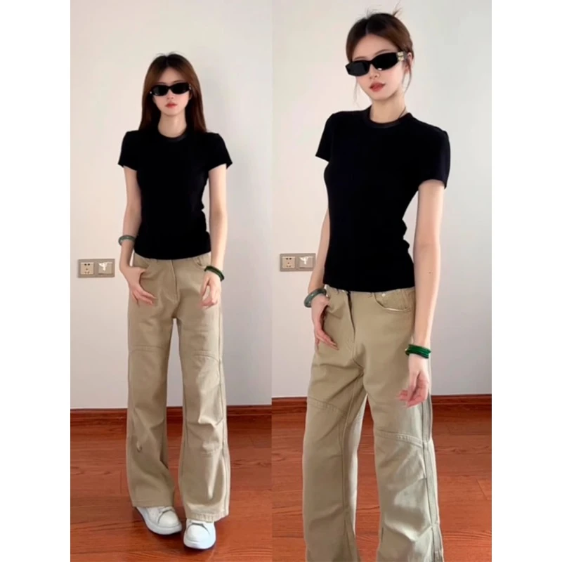 黑色正肩短袖t恤女2025新款修身显瘦内搭紧身高腰小个子圆领上衣