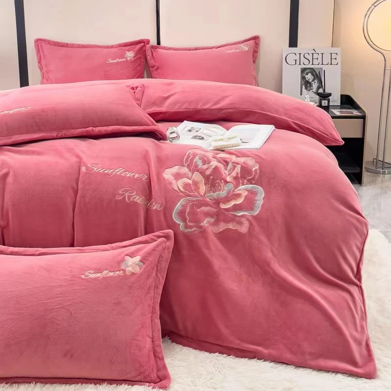 新款保暖刺绣牛奶宝宝绒-四件套*新款山茶花