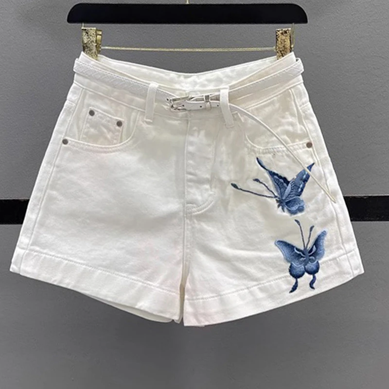 夏装个性高腰休闲a字热裤阔腿蝴蝶时尚潮流刺绣设计牛仔裤短裤