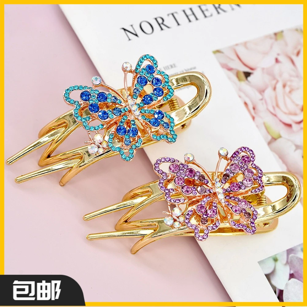 新款彩蝶盘发抓夹韩式发抓镶钻马尾发夹优雅发卡古风精美发饰HG