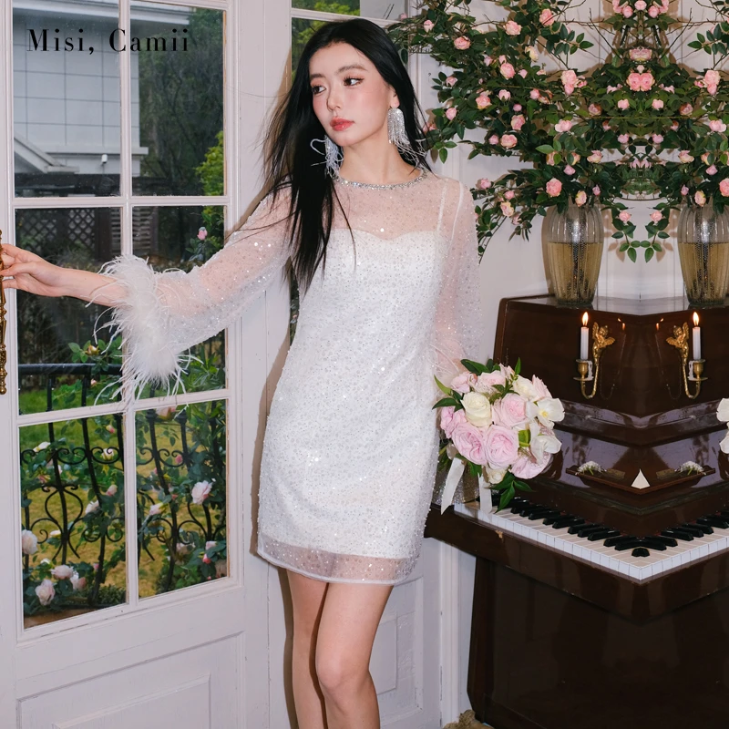 Misi,Camii2024春夏季新款羽毛袖钉珠网纱短款连衣裙名媛气质穿搭