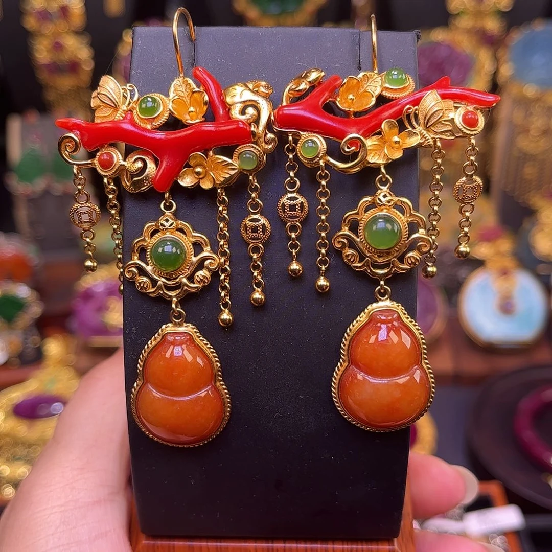 翡翠银S925镀金镶嵌耳坠台湾工翡翠多宝耳坠