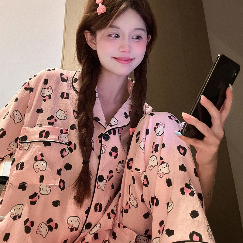 【豹纹KT猫】短袖云朵棉睡衣少女可爱春夏季短袖长裤甜美学生家居服