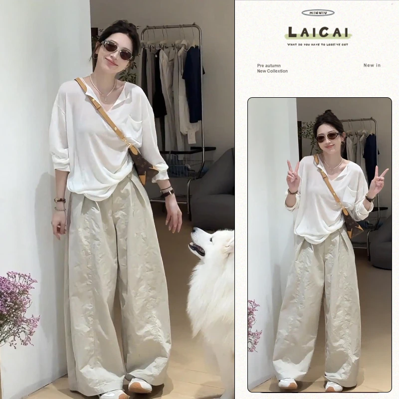 松弛感早秋套装女日杂复古宽松T恤长袖叠穿百搭高腰廓形休闲裤潮