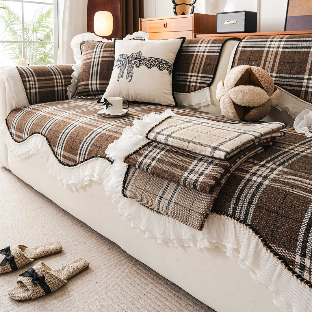 复古风异形裙边沙发垫四季通用2025新款方格防滑坐垫一片式盖布巾