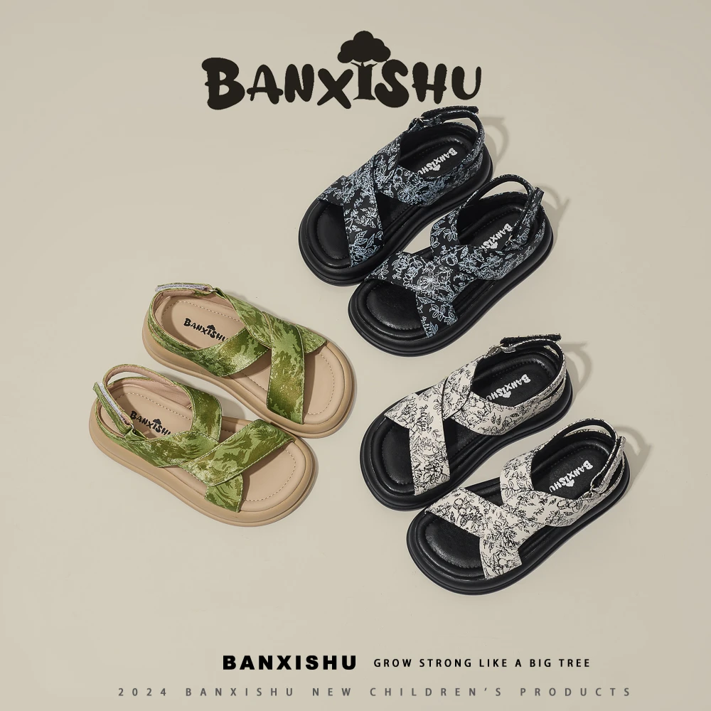 BANXISHU儿童凉鞋2025夏季中国风女童鞋公主鞋真皮男童软底沙滩鞋