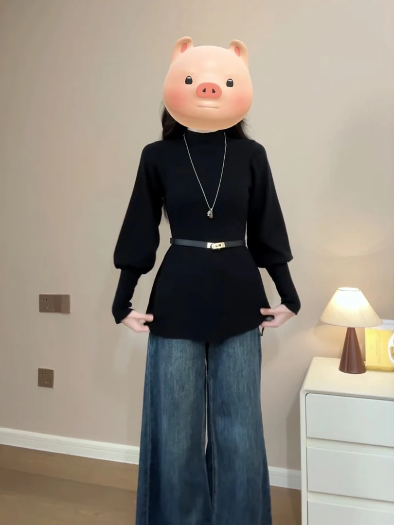 德绒优雅气质紫色灯笼袖衫女秋冬新款收腰显瘦半高领套头绝美上衣