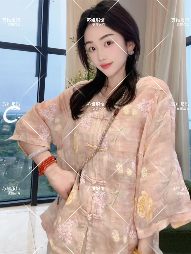 8063新中式苎麻国风夏季女装提花刺绣上衣