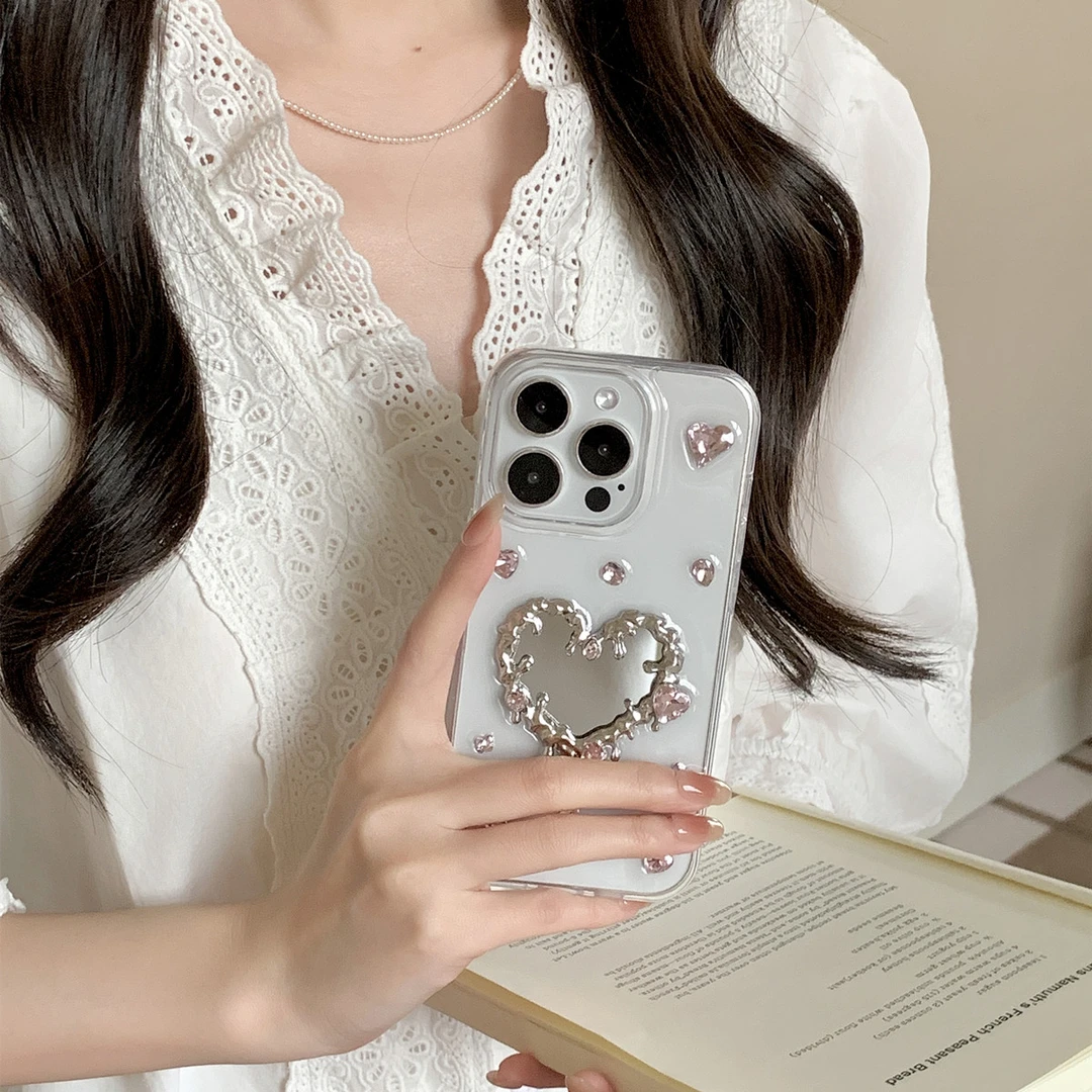 补妆爱心镜子适用苹果17OPPO14vivo华为荣耀小米15一加镜面手机壳