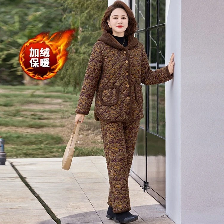 碎花连帽加绒加厚款中老年女装老年人棉衣棉裤套装家居服